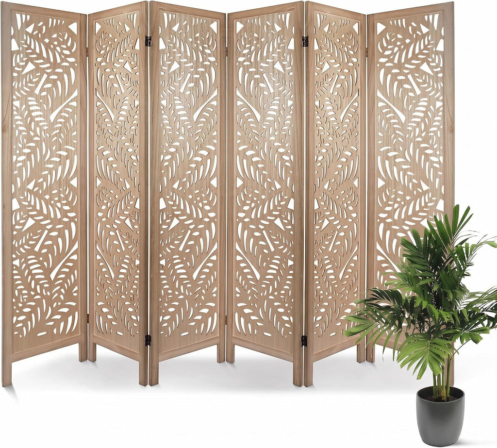 6 Panel Leaf-Carved Room Divider, 67 Inch Bohemian Folding Privacy Screen, Natural Wood Room Divider for Room Separation, Decorative Room Partition for Home, Office, Bedroom