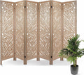 6 Panel Leaf-Carved Room Divider, 67 Inch Bohemian Folding Privacy Screen, Natural Wood Room Divider for Room Separation, Decorative Room Partition for Home, Office, Bedroom