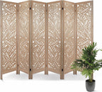 6 Panel Leaf-Carved Room Divider, 67 Inch Bohemian Folding Privacy Screen, Natural Wood Room Divider for Room Separation, Decorative Room Partition for Home, Office, Bedroom