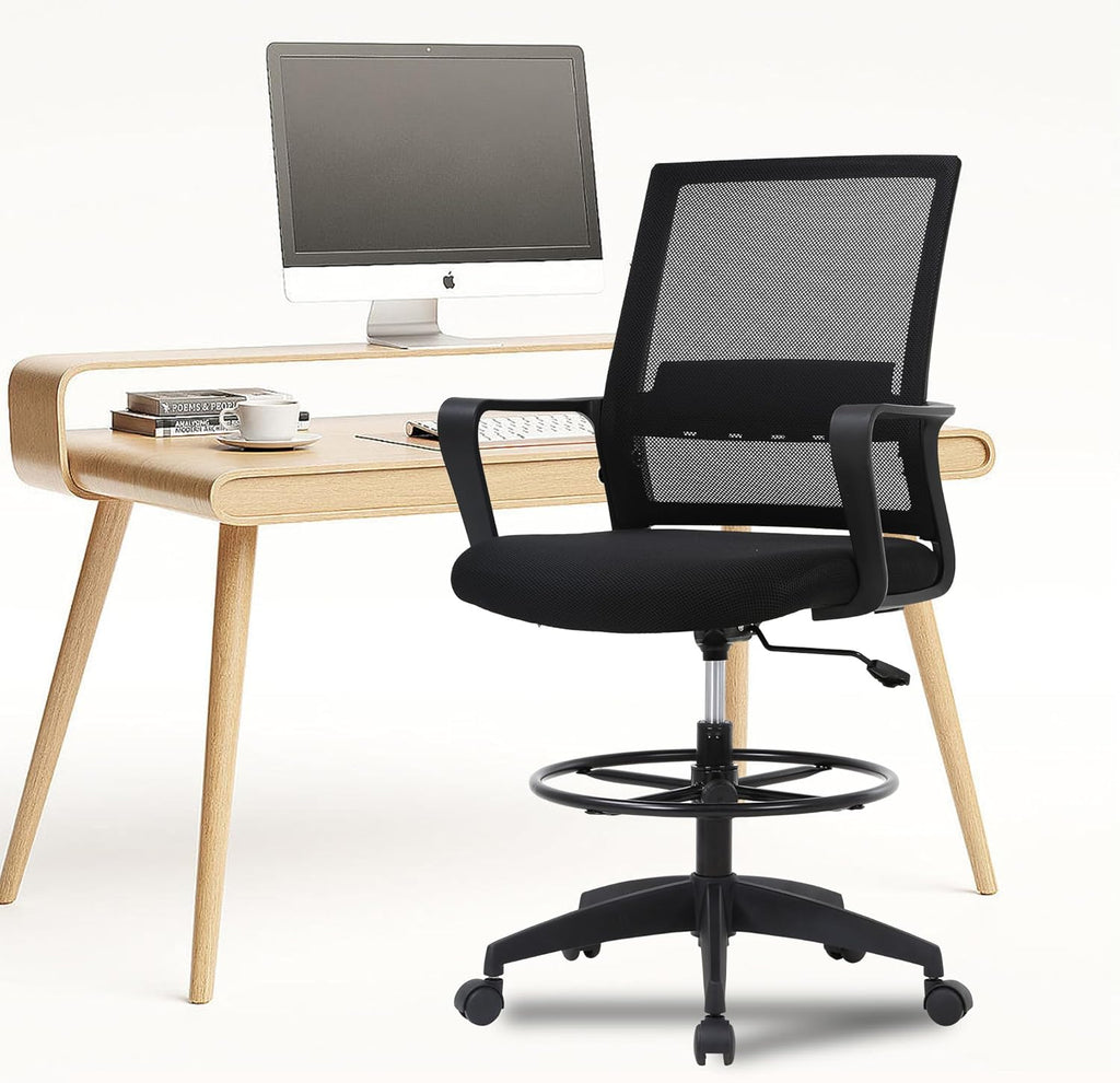 PayLessHere | Drafting Chair | Black | Tall Office Chair with Adjustable Seat Height & Footrest, Ergonomic Mesh Back, Lumbar Support, 360 Degree Swivel Rolling Wheels | for Workspaces & Home Office