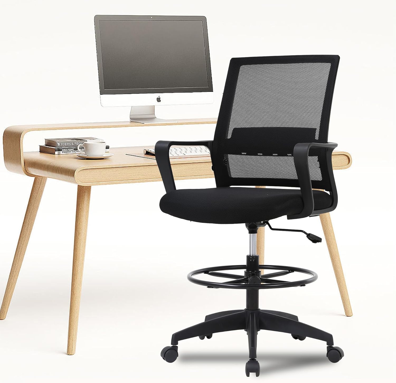 PayLessHere | Drafting Chair | Black | Tall Office Chair with Adjustable Seat Height & Footrest, Ergonomic Mesh Back, Lumbar Support, 360 Degree Swivel Rolling Wheels | for Workspaces & Home Office