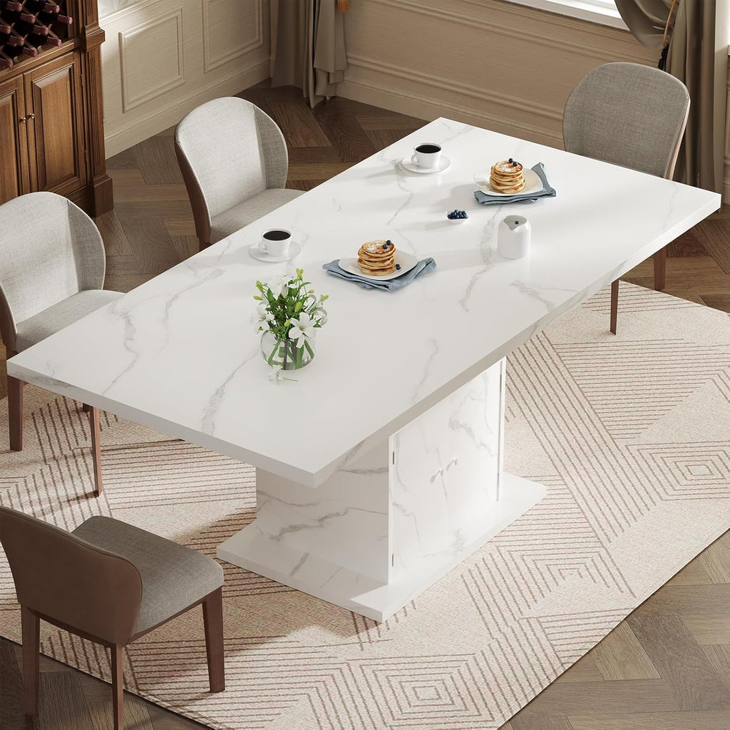 Extendable Dining Table for 4-6, 47-63 Inch Rectangle Kitchen Dining Table with Storage, Expandable Modern Rectangle Dinner Table with Faux Marble Top for Kitchen, Dining Room, White Faux Marble