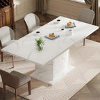 Extendable Dining Table for 4-6, 47-63 Inch Rectangle Kitchen Dining Table with Storage, Expandable Modern Rectangle Dinner Table with Faux Marble Top for Kitchen, Dining Room, White Faux Marble