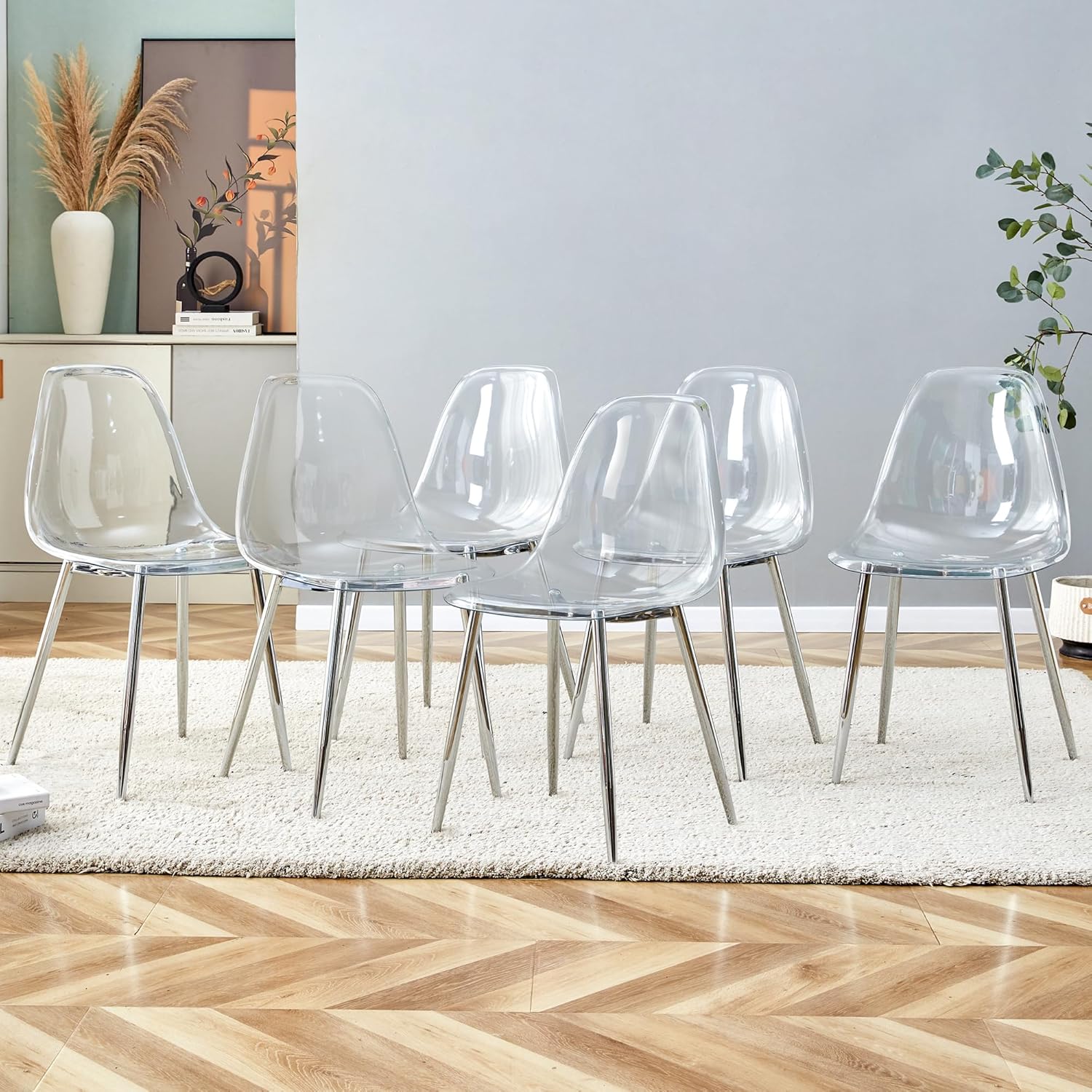 Clear Acrylic Dining Chairs Set of 6, Armless Modern Side Chairs with Transparent Seat, Ergonomic Backrest and Chrome Metal Legs, Kitchen Chairs for Dining Room, Living Room