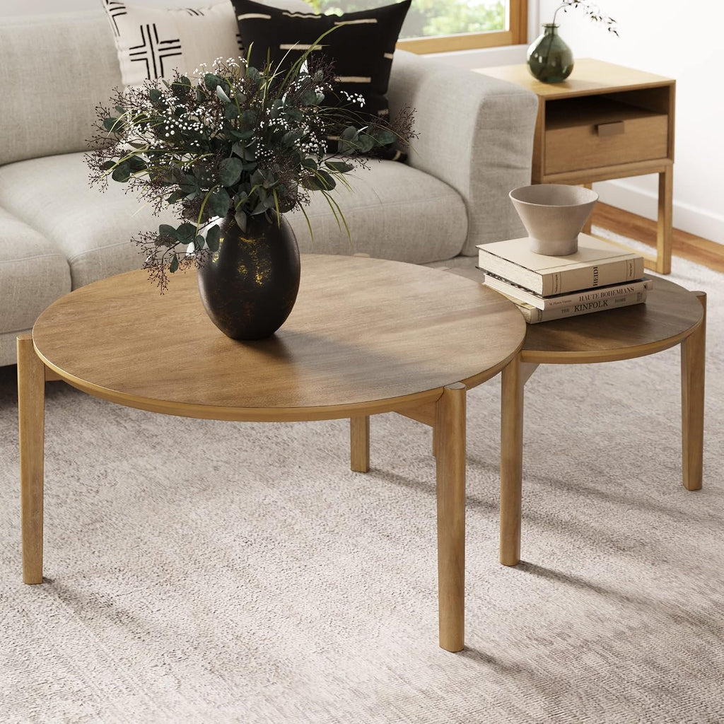 Nathan James Kendall Round Nesting Coffee Set of 2, Light Brown & 74101 Mina Modern TV Stand, Oak Wood Finish, Oak/Black