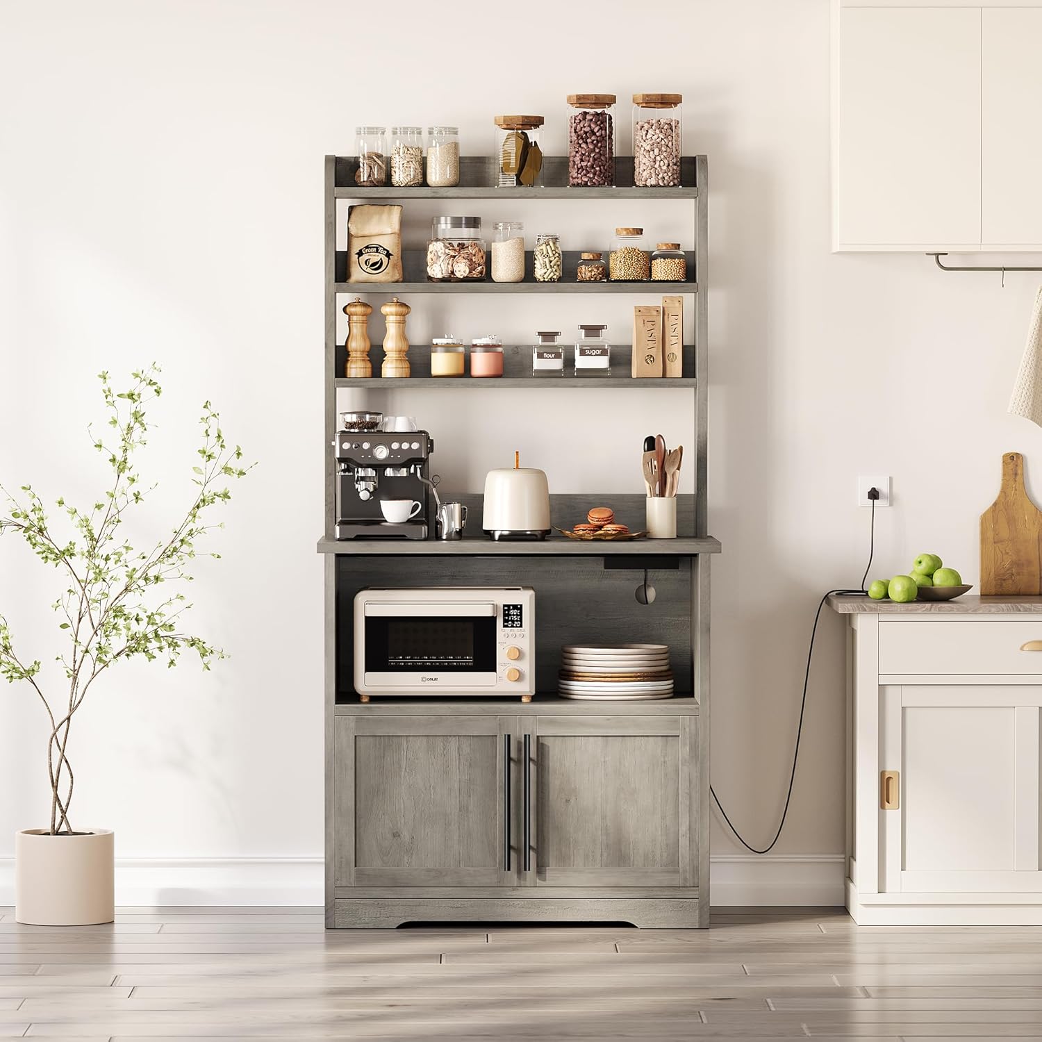 Takywep Kitchen Bakers Rack with Power Outlet, Microwave Oven Stand with Operation Table, Tall Versatile Storage Shelf with Cabinet, Coffee Bar Cabinet for Dining Room, Kitchen, Gray