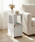 Narrow Side Table Small End Table with Charging Station White Skinny End Tables with Drawers Slim Wood Nightstand Modern Couch Sofa Side Tables Tray for Living Room Bedroom Small Spaces