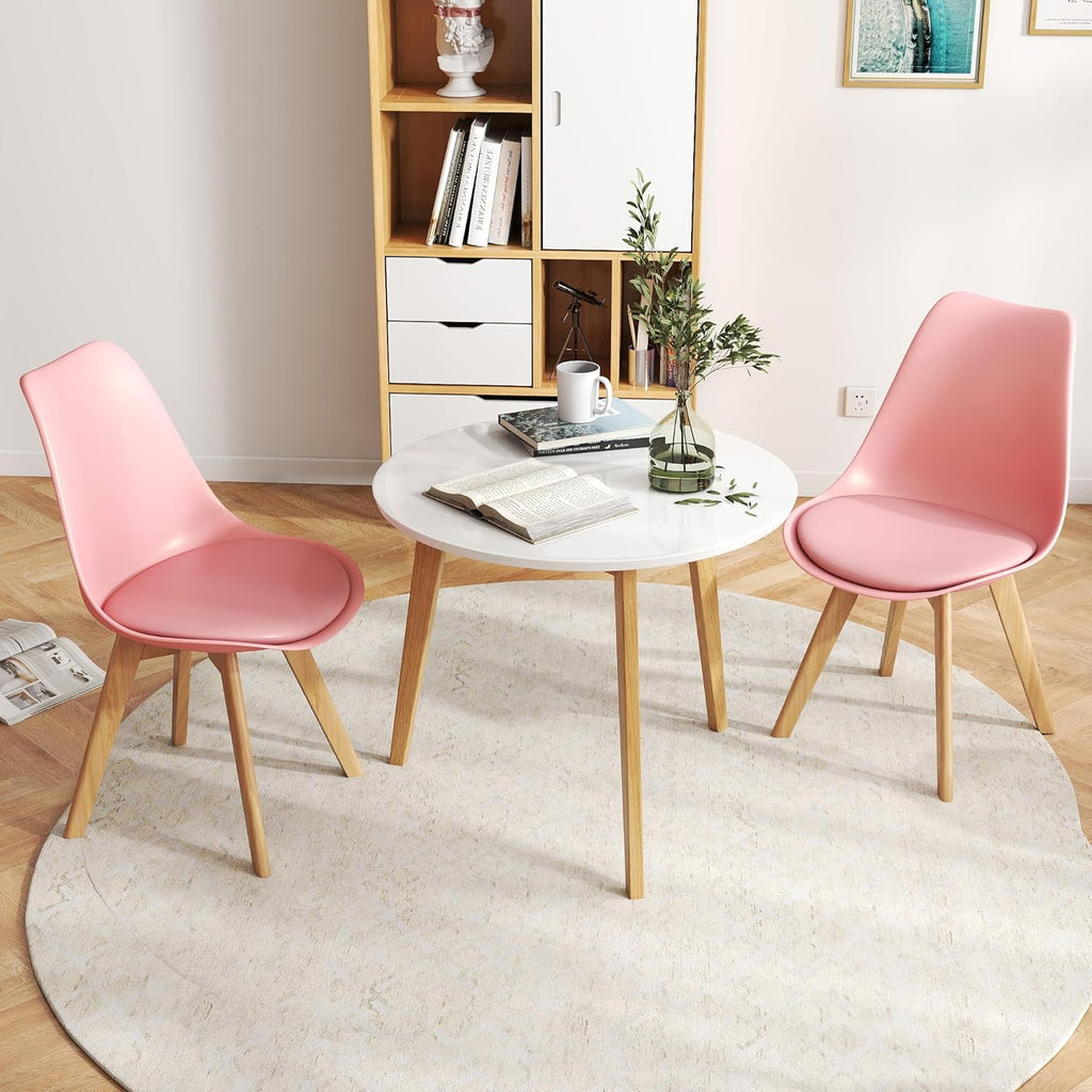 LSSBOUGHT Mid Century Modern Dining Chairs,Shell Lounge Plastic Side Chair with Soft Padded and Wooden Legs for Dining Room Living Room Bedroom Kitchen Set of 2 (Pink)