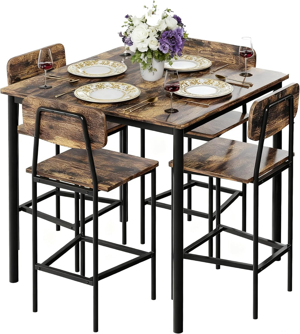 NUNU LAB Kitchen Table and Chairs of 4, Dining Table Set for 4 with Space Saving, Sturdy Industrial Space Saving Dinette Set for Pub, Dining Room, Rustic Brown