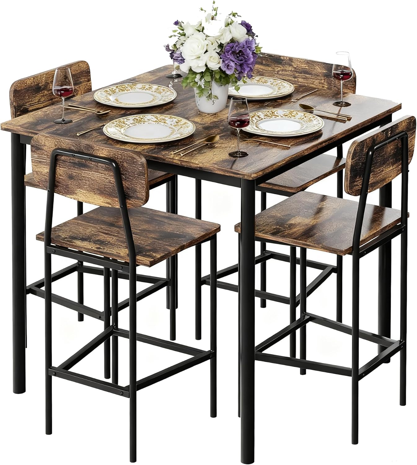 NUNU LAB Kitchen Table and Chairs of 4, Dining Table Set for 4 with Space Saving, Sturdy Industrial Space Saving Dinette Set for Pub, Dining Room, Rustic Brown