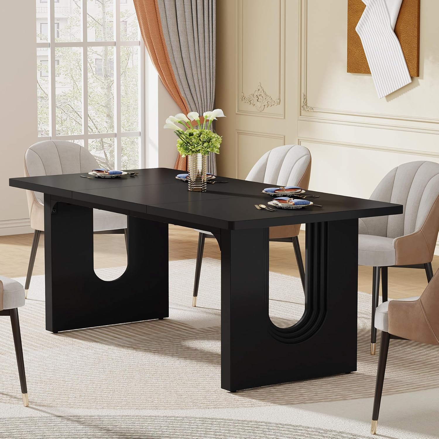 Tribesigns Modern Dining Table for 6 People, 71" Large Kitchen Dining Table with Wood Pedestal Base, Rectangular Long Dinner Table for Kitchen, Dining Room, Living Room, Black