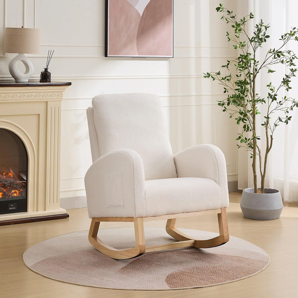 27.2" W Sherpa Glider Chair for Nursery – High Back Rocking Accent Armchair with Side Pockets & Rubber Wood Legs – Ivory Comfort Chair for Living Room, Bedroom