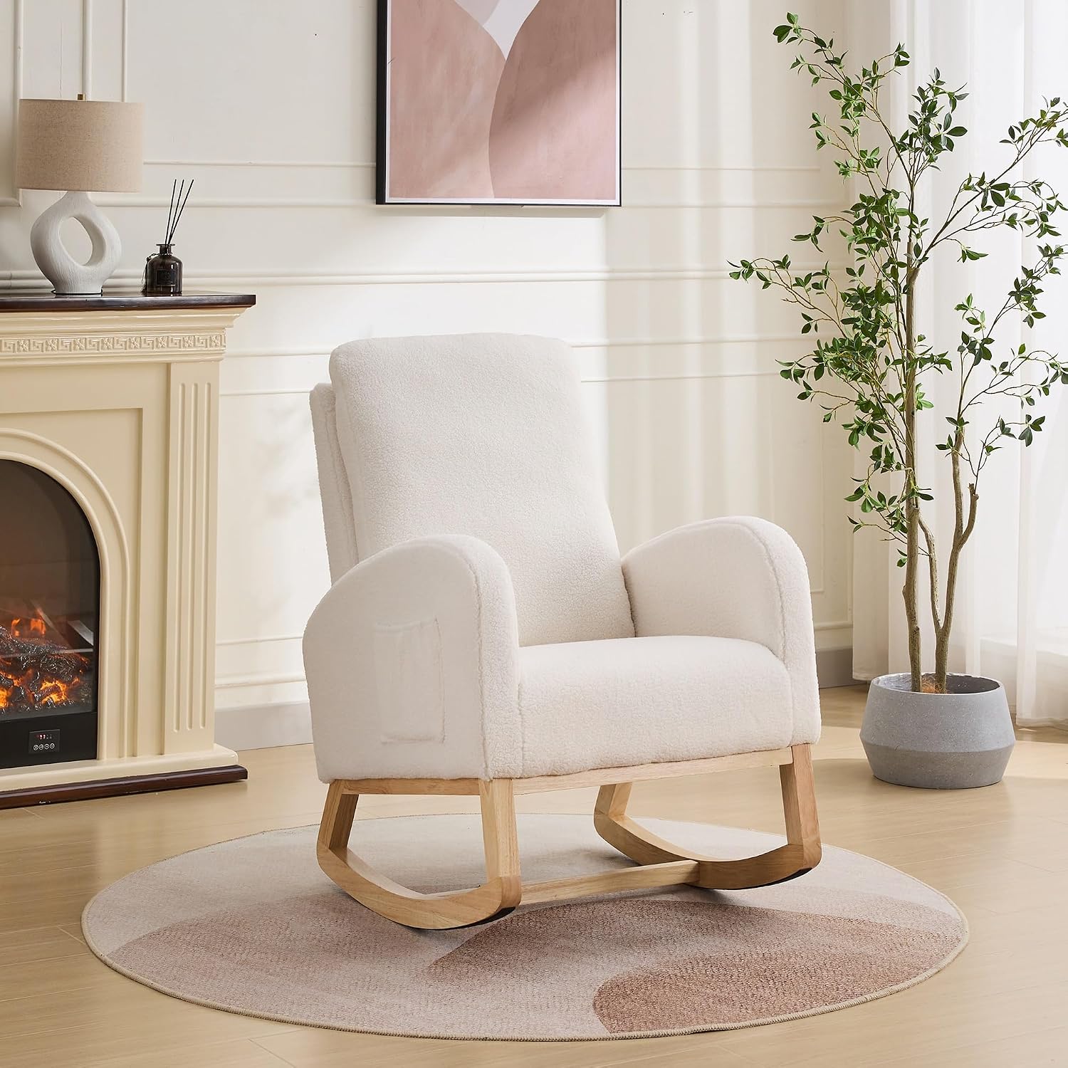 27.2" W Sherpa Glider Chair for Nursery – High Back Rocking Accent Armchair with Side Pockets & Rubber Wood Legs – Ivory Comfort Chair for Living Room, Bedroom
