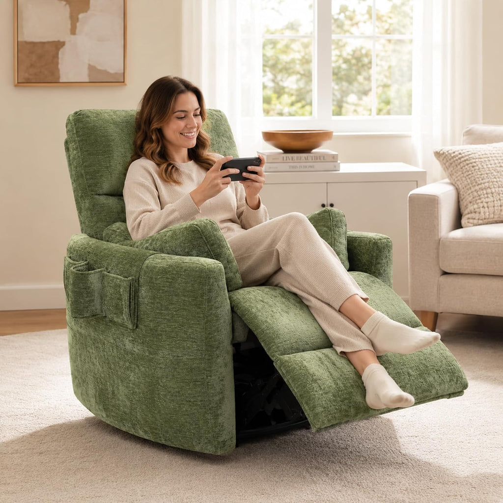 Chenille Power Swivel Glider Recliner Chair for Nursery, Detachable Storage Bag, Green