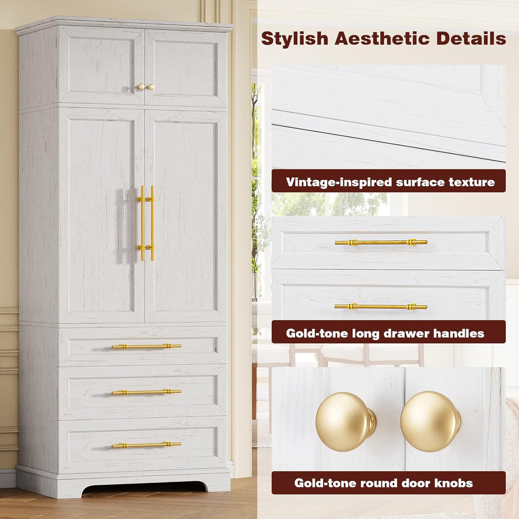 Farmhouse Kitchen Pantry Cabinet with 8 Door Shelves and 3 Large Drawers, Tall Storage Cabinet Cupboard with Adjustable Shelves for Kitchen, Dining Room, Bathroom (Retro White)