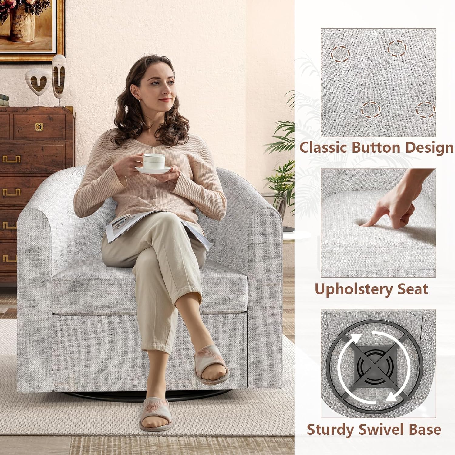 Simore Swivel Barrel Accent Chair Set of 2, Breathable Fabric Round Swivel Cuddle Chair Armchair for Nursery Living Room Bedroom Office, Light Gray