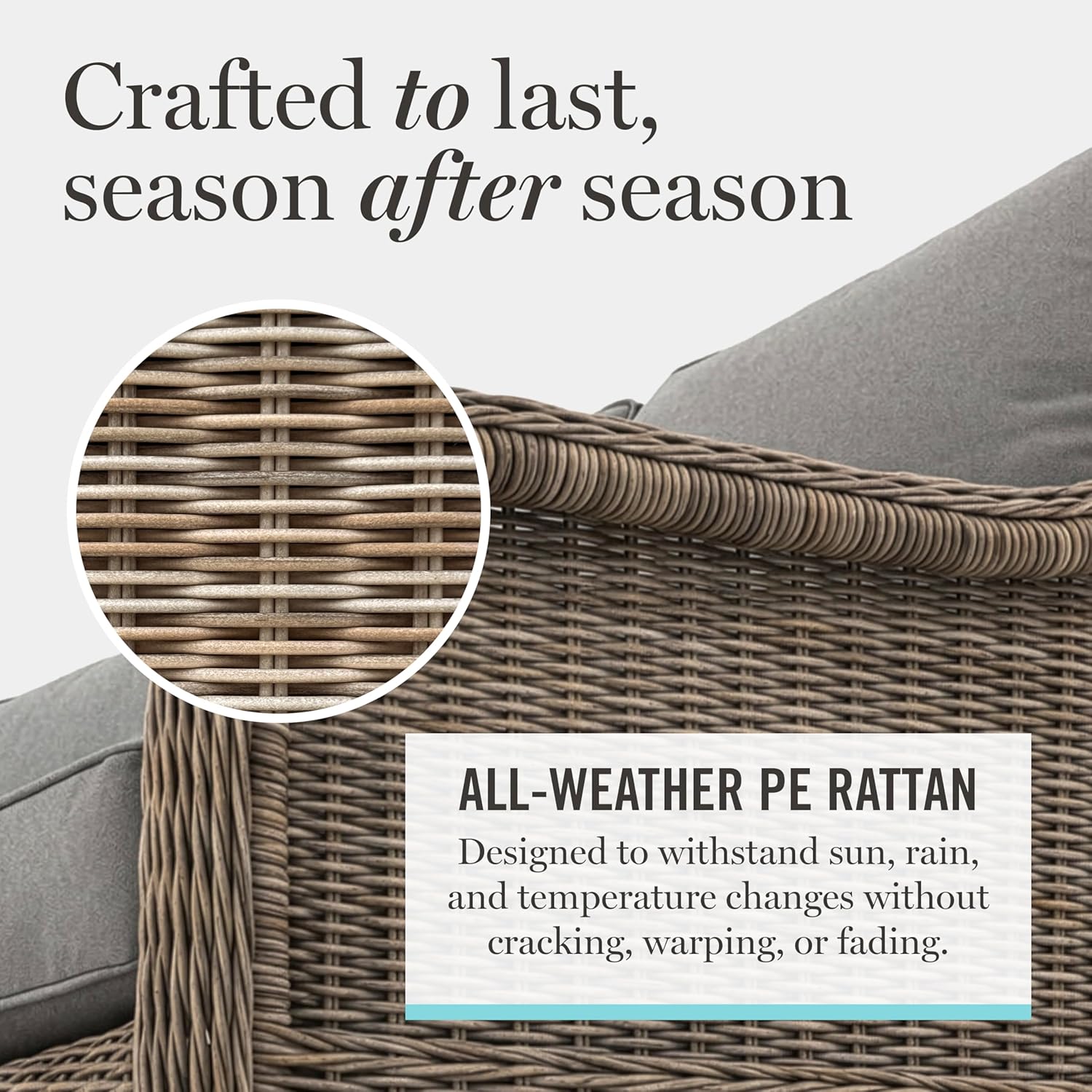 Martha Stewart Lily Pond Indoor-Outdoor Weathered Gray Rattan Wicker Patio Club Chair with All-Weather Gray Back and Seat Cushions, 300 Lb. Static Weight Capacity