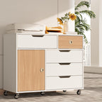 5 Drawers Mobile File Cabinet with Door, Rolling File Cabinet Printer Stand Table Craft Storage Cabinet, Under Desk Wooden Filing Cabinets for Home Office Essentials Storage Organization Furniture