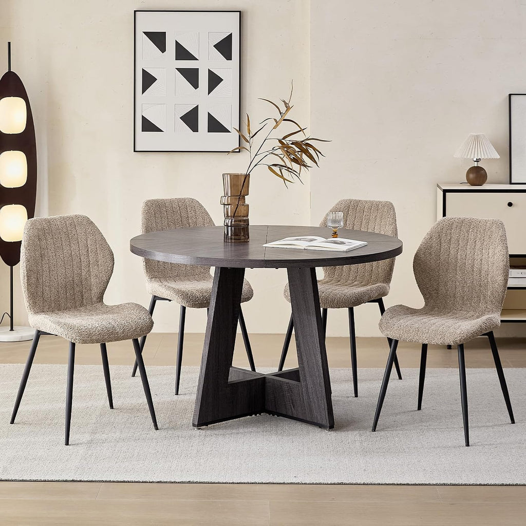 Set of 4 Boucle Dining Chairs – Modern Minimalist Upholstered Kitchen Chairs with Contoured Back and Metal Legs, Brown