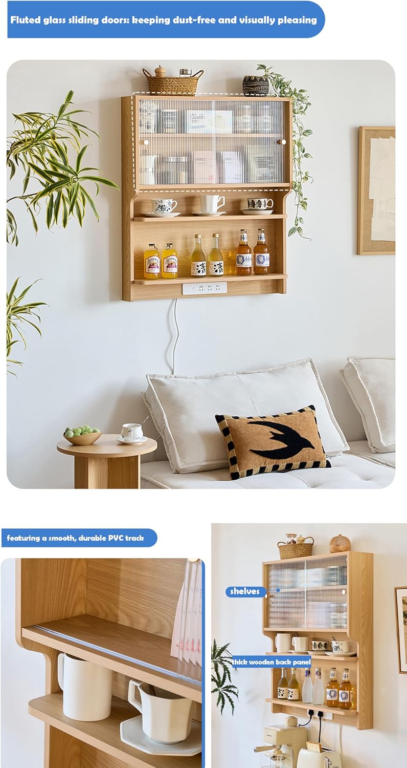 Wood Wall Mounted Pantry Cabinet with Doors, 4-Tier Kitchen Cabinet & Coffee Bar Storage for Dining Room, Living Room