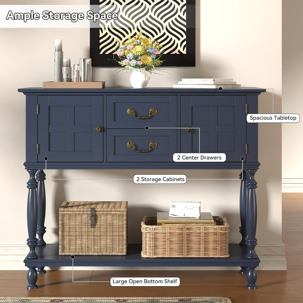 Farmhouse Console Table with Storage, Narrow Entryway Table with 2 Drawers & 2 Door Cabinets, Sofa Table Behind Couch with Shelf for Living Room, Entryway