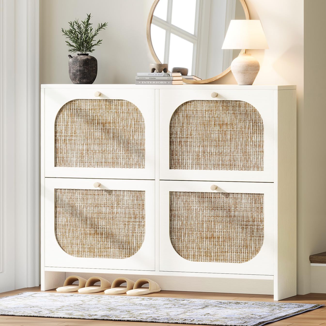 Nicetree Shoe Storage Cabinet for Entryway, Rattan Vintage Flip Shoe Rack- 4 Flip Drawers & 3-Tier Adjustable Shelves,Boho Shoe Organizer for 28-36 Pairs - Fits Size 12 Boots, 9.5" Ultra Slim (White)