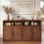 Fluted Buffet Cabinet with Storage, 31.5" Wide Wood Sideboard Credenza with Open Storage Shelf & Adjustable Shelves, Modern Kitchen Entryway Accent Table for Dining Room Living Room Hallway, Walnut