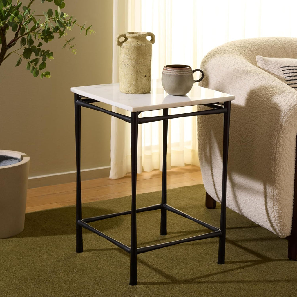 SAFAVIEH Furniture - Nadezhda Accent Table - White & Black - Marble Top Metal Side Table - Square Top Modern Design - Fully Assembled - Ideal for Living Room, Bedroom, 16"W x 16"D x 24"H (ACC3756A)