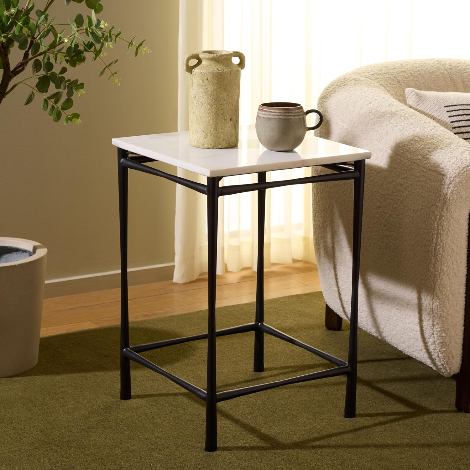 SAFAVIEH Furniture - Nadezhda Accent Table - White & Black - Marble Top Metal Side Table - Square Top Modern Design - Fully Assembled - Ideal for Living Room, Bedroom, 16"W x 16"D x 24"H (ACC3756A)