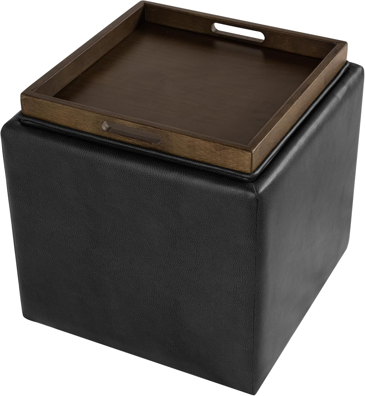 HomePop 17.5" Storage Ottoman with Tray Top - Black Faux Leather