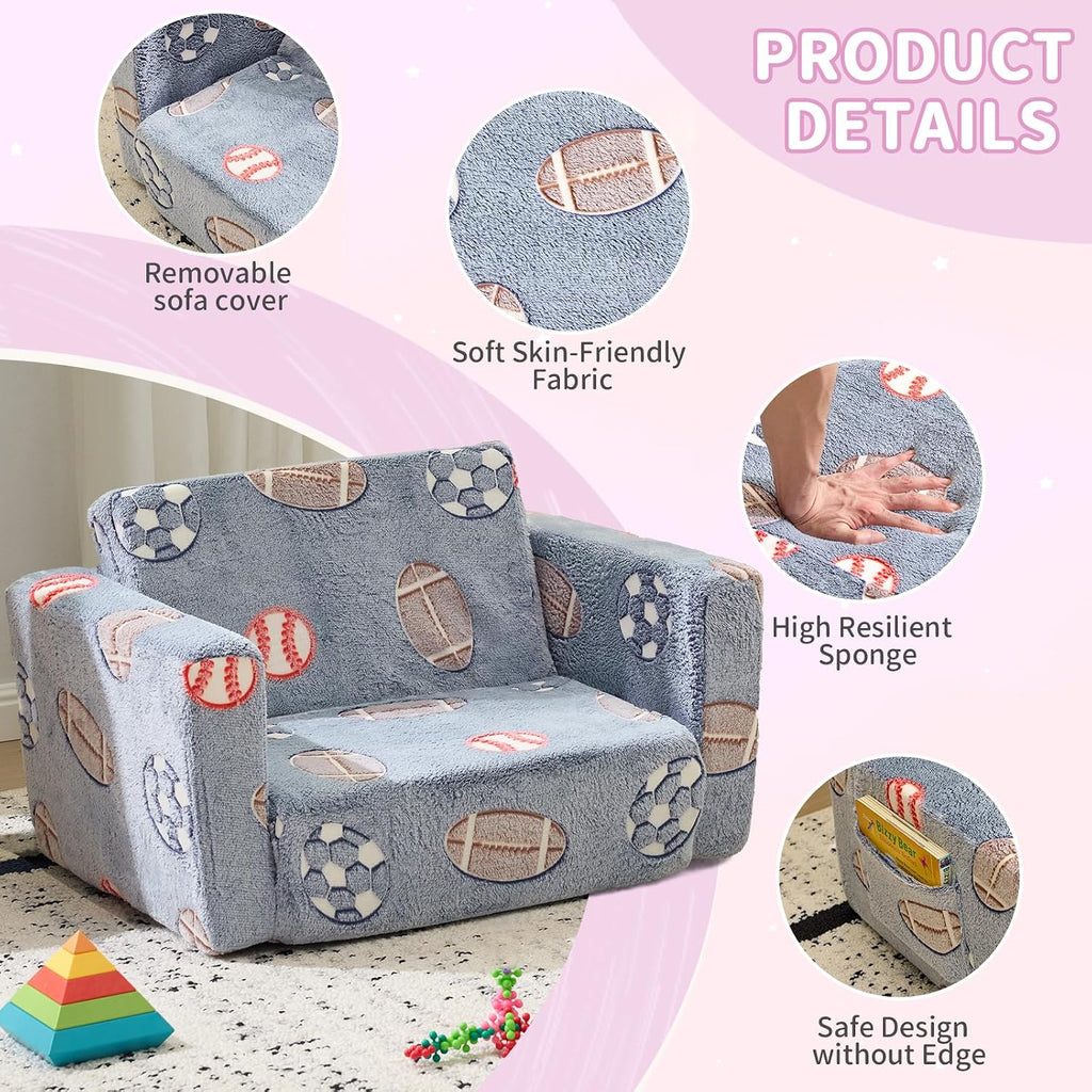 Karl home Comfy 2-in-1 Toddler Chair and Couch, Convertible Plush Fold Out Sofa to Lounger for Kids, Flip Open Sleeper for Playroom, Glowing Blue Ball