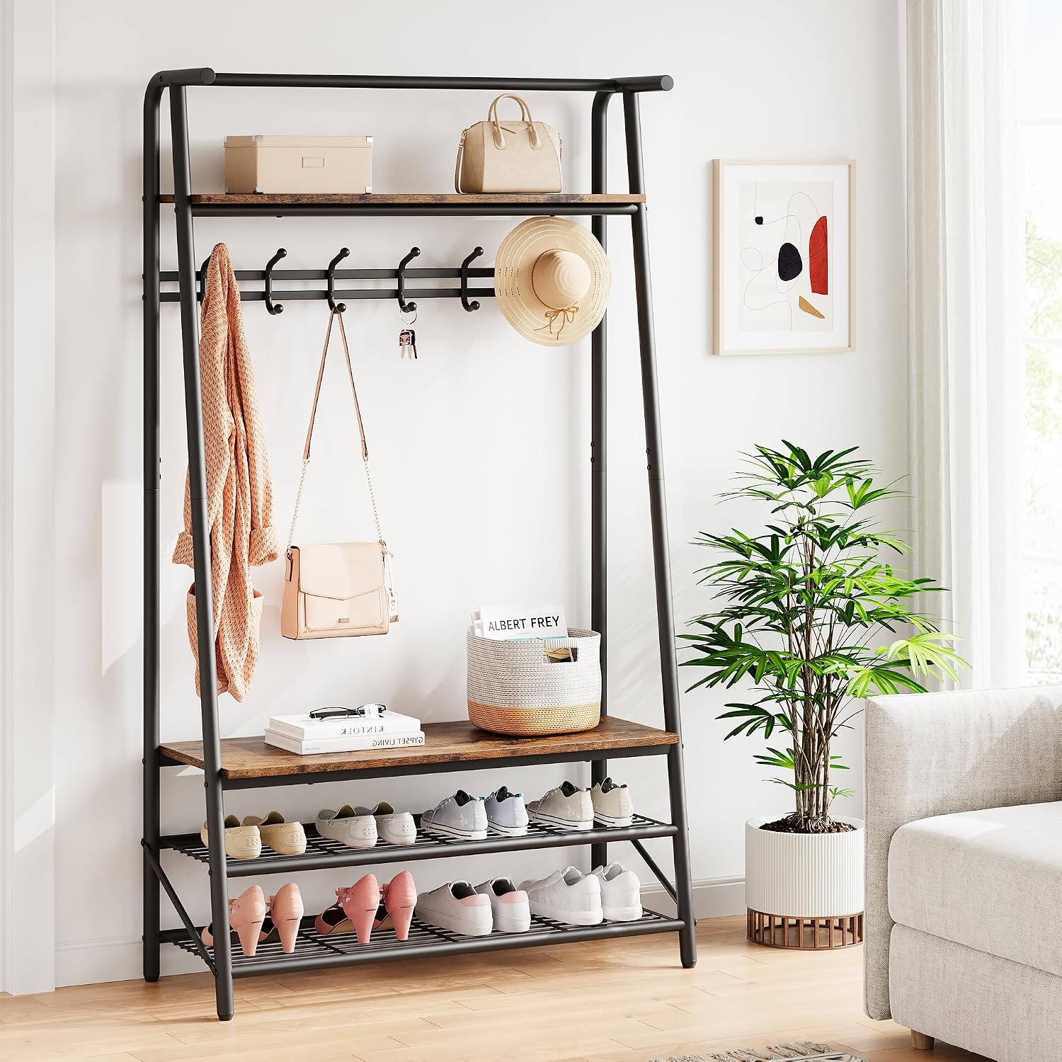 Amyove Coat Rack Shoe Bench with 10 Hooks, Hall Trees Entryway Bench with Storage, Multifunctional Hallway Organizer, Wood Look Accent Furniture with Metal Frame