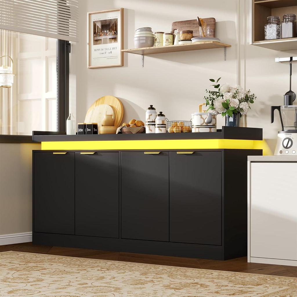 UNIQUITE 63" Sideboard Buffet Cabinet, Kitchen Buffet Cabinet Storage Cabinets with Power Outlets & LED Light, Modern Sideboard Coffee Bar Buffet Cabinets for Kitchen, Dinning, Living Room