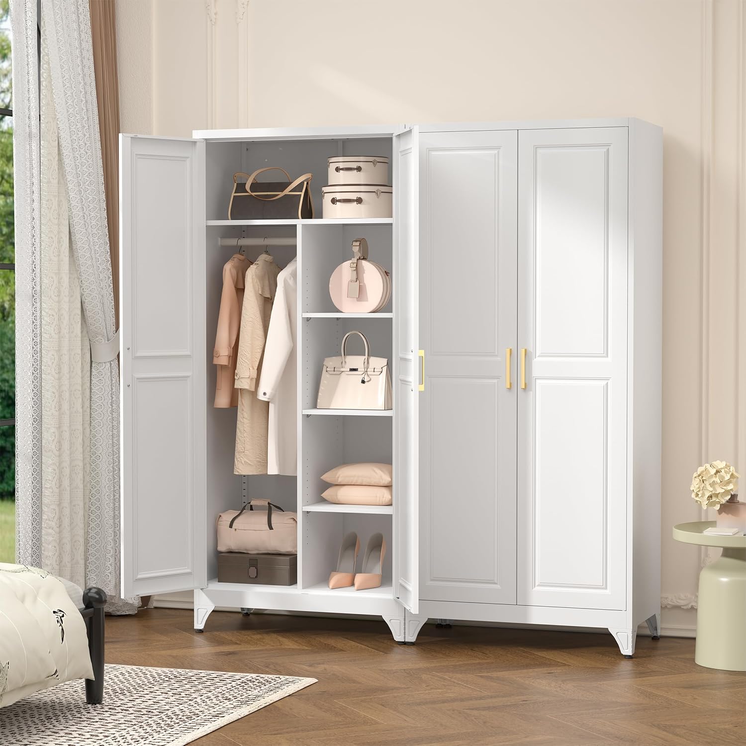 Polup Metal Armoire Wardrobe Closet, 71" Tall White Wardrobe Cabinet with 2 Doors, Hanging Rod and Adjustable Shelves, Steel Clothing Storage Cabinet for Bedroom, Home, Employee, Gym, Office