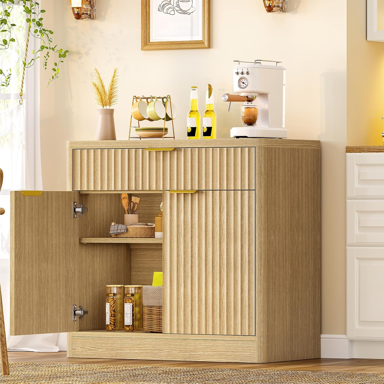 Fluted Buffet Cabinet with Storage, 31.5" Sideboard Cabinet, Coffee Bar Cabinet with 2 Doors and Adjustable Shelf for Living Room, Kitchen, Entryway, Natural
