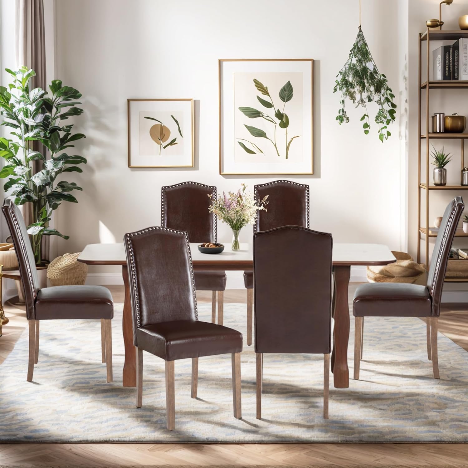 Upholstered Dining Chair Stylish Parsons Kitchen High Back with Silver Nailhead Trim & Wood Legs, 4-Pack, PU Dark Brown