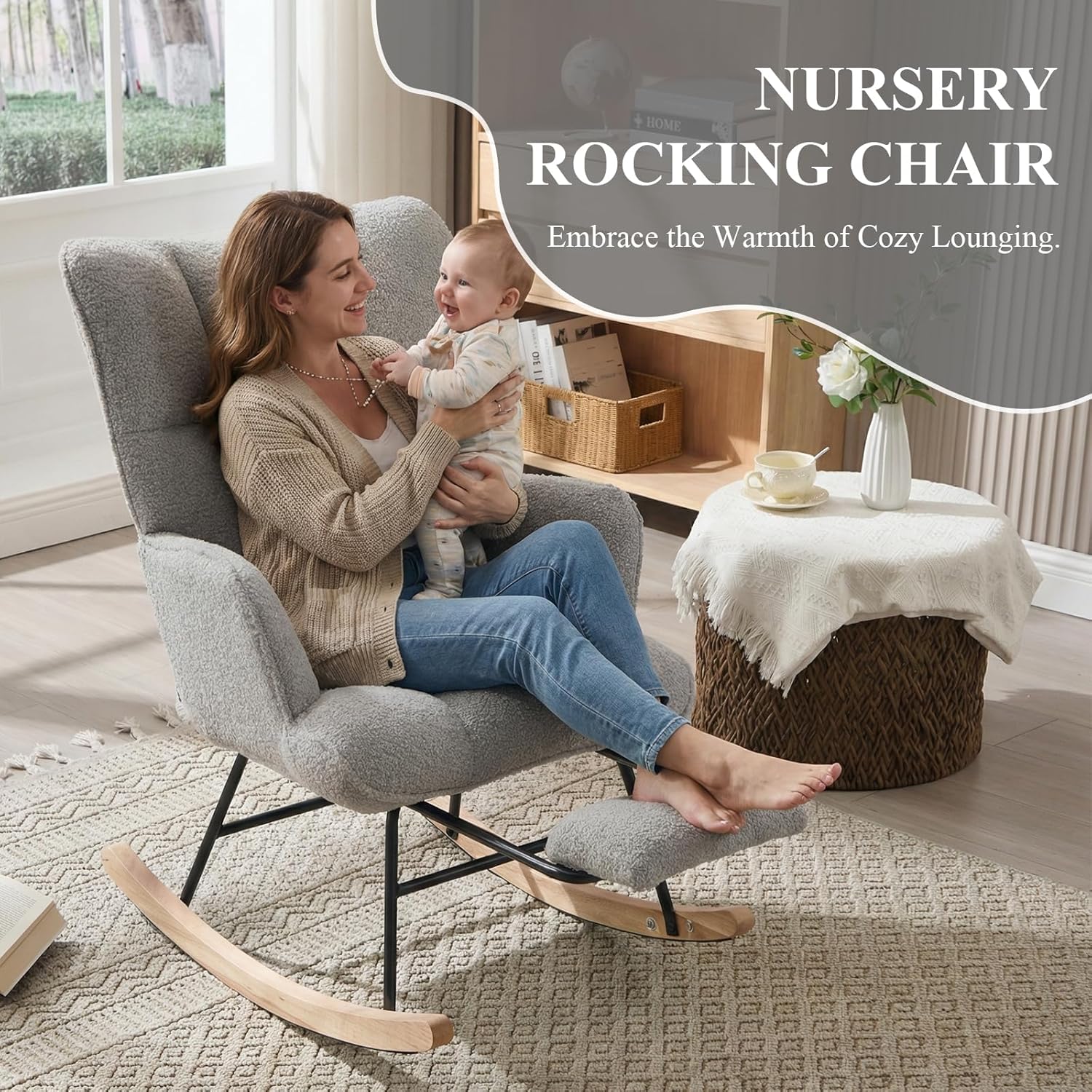 Nursery Rocking Chair with Footrest, Teddy Upholstered Glider Rocker with Side Pocket, Leisure Rocker Chair with High Back, Recliner Rocking Chair, Accent Reading Chair for Bedroom (Grey)