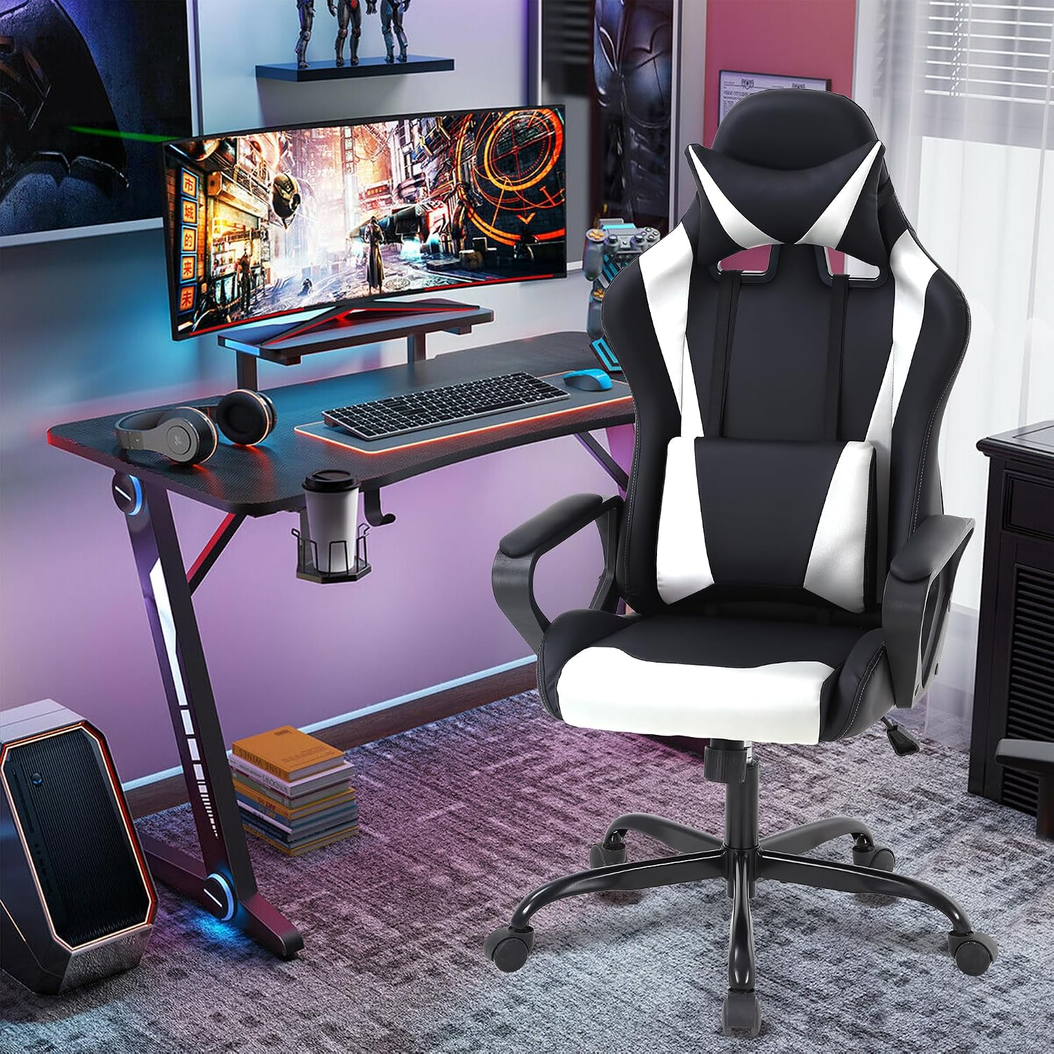 Gaming Chair, Video Game Chair, Cheap Computer Gaming Chair PU Leather High Back PC Gaming Chair Ergonomic Racing Swivel Office Desk Chair with Headrest and Lumbar Support for Adults Kids White