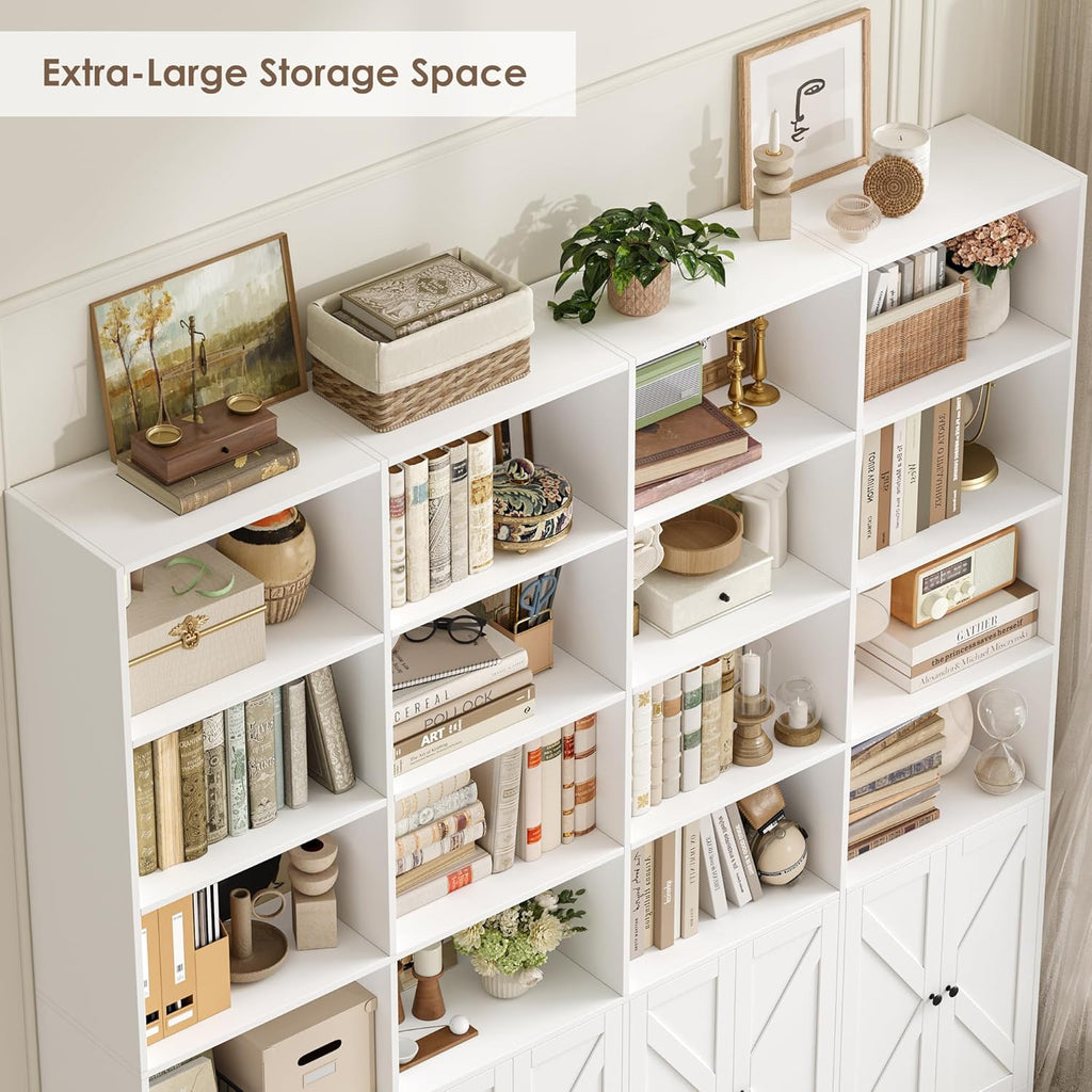 FACBOTALL 70.9" Wide Bookshelf, 6 Tier Farmhouse Bookshelf with 8 Doors, Large Bookcase with 18 Storage Shelves, Tall Bookshelves and Bookcases, Modern Bookshelves for Living Room, White