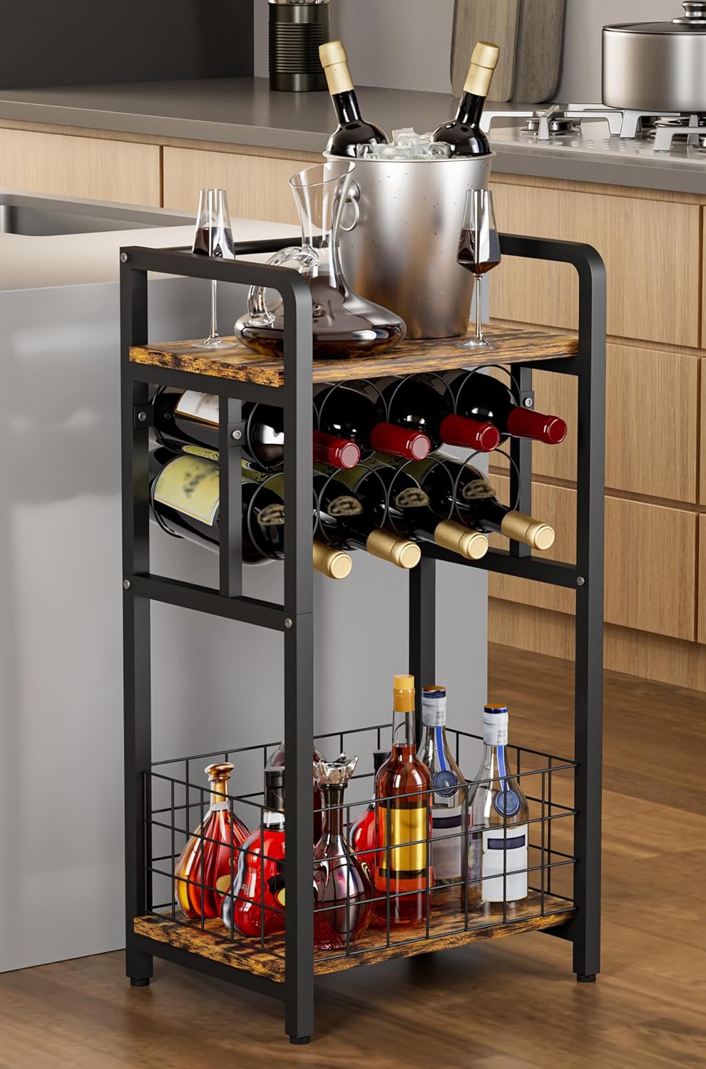 3-Tier Wine Rack Freestanding Floor with Wood Top, Liquor Stand with Wine Bottle Holder, Corner Wine Bar Table for Small Space, Metal Whiskey Shlef for Kitchen, Cellar, Living Room, Black
