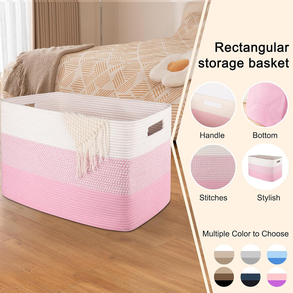 OIAHOMY 108L Super Large Blanket Basket For Living Room, 25”x16”x16” Rectangle Woven Baskets For Storage, Toy Storage with Handle - Pink&White