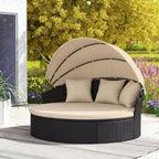HAPPYGRILL Round Outdoor Daybed with Canopy, Wicker Rattan Sectional Sofa with Cushions, Patio Conversation Set for Lawn Garden Backyard Poolside (Black Beige No Table)