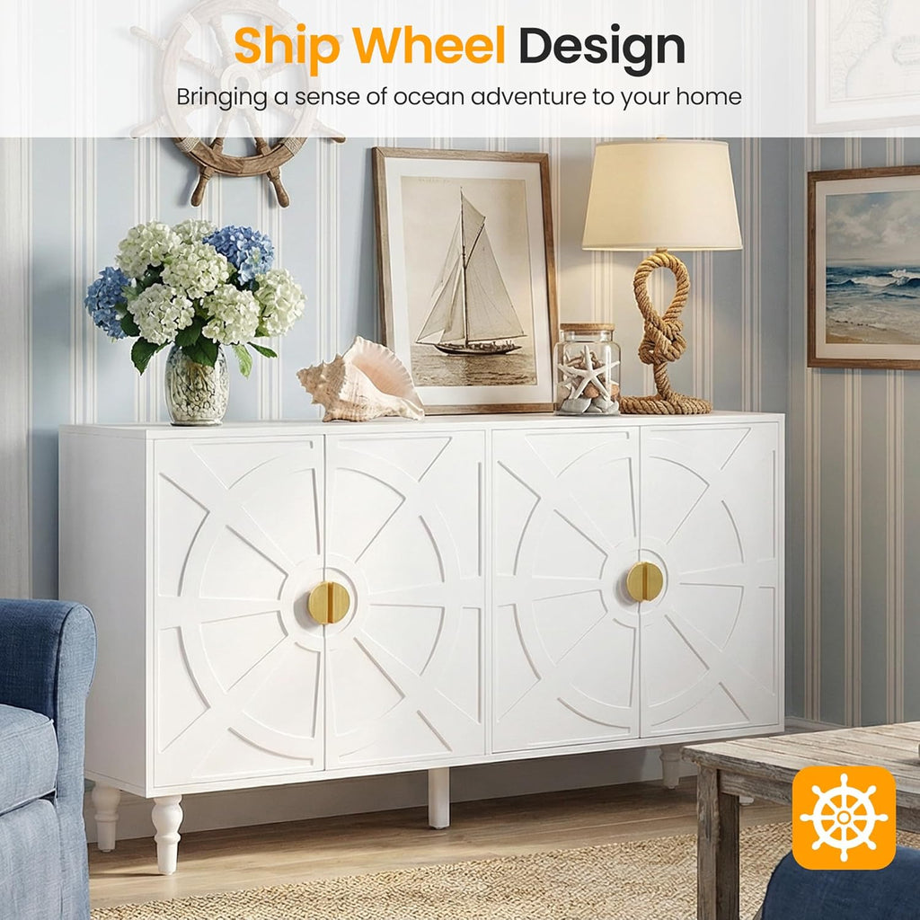 RoyalCraft Buffet Cabinet with Storage, Vintage Sideboard with Ship Wheel Pattern and 4 Doors, Wood Credenza Coffee Bar Table with Solid Wood Legs for Kitchen, Dining Room, Living Room, White