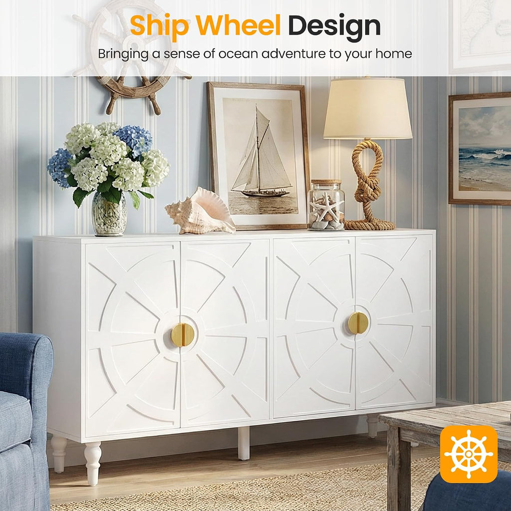 RoyalCraft Buffet Cabinet with Storage, Vintage Sideboard with Ship Wheel Pattern and 4 Doors, Wood Credenza Coffee Bar Table with Solid Wood Legs for Kitchen, Dining Room, Living Room, White