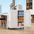 Metal Storage Cabinet with Wheels, 36" Tall Locking Storage Cabinet with 2 Adjustable Shelves, Locking Garage Cabinet, Steel Locker Organizer, for Office, Home, School, White