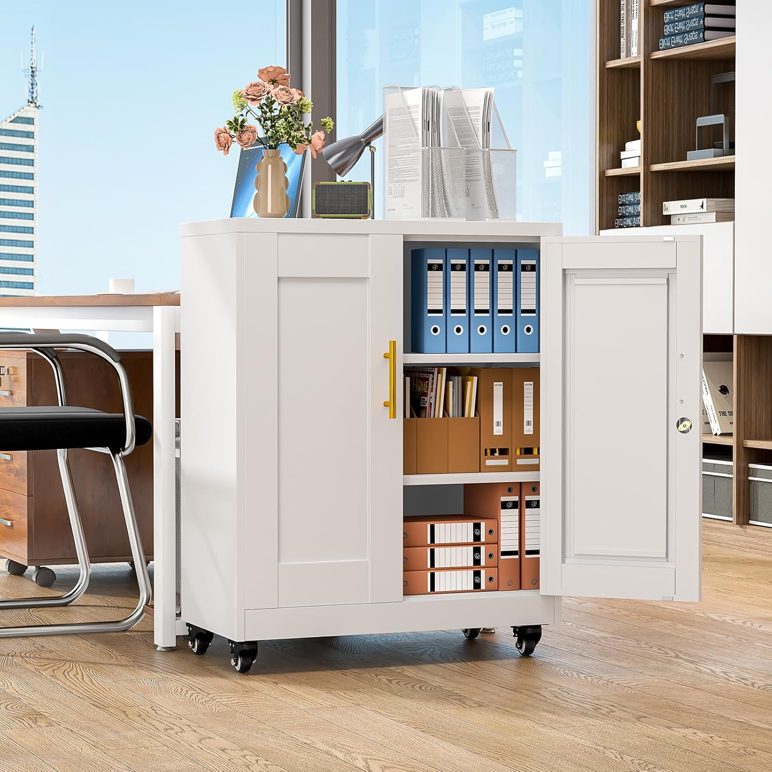 Metal Storage Cabinet with Wheels, 36" Tall Locking Storage Cabinet with 2 Adjustable Shelves, Locking Garage Cabinet, Steel Locker Organizer, for Office, Home, School, White