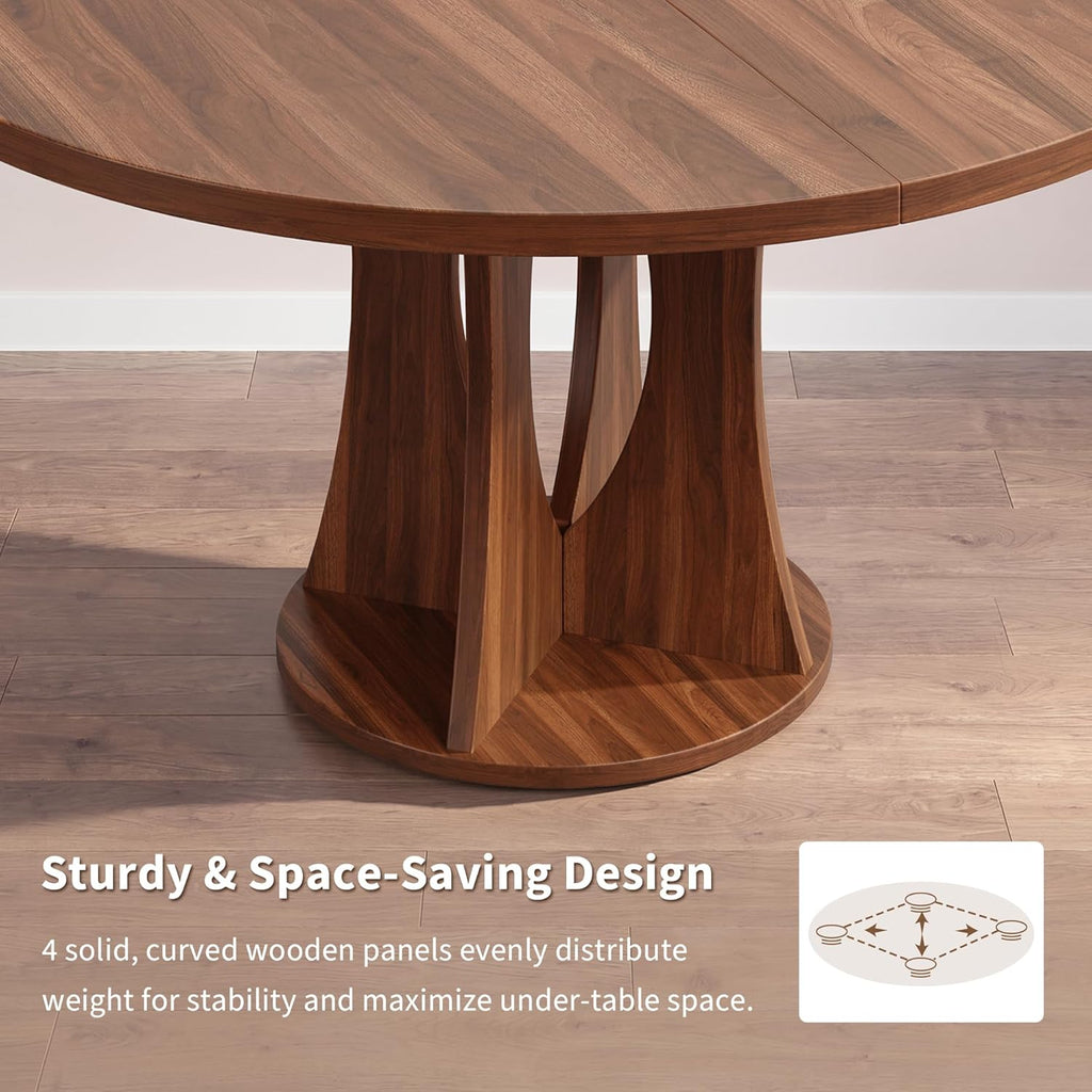 iPormis 43-59" Round Dining Table Set for 4, 5-Piece Kitchen Table & Chairs Set for 4, Extendable Dining Room Circle Table with 4 Upholstered Chairs for Small Space, Walnut Table + 4 White Chairs