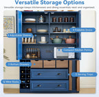 71" Tall Kitchen Pantry Storage Cabinet with 4 Foldable Doors, Freestanding Large Cupboard with Power Outlet, Adjustable Shelves and Wine Racks for Dining Room, Kitchen, Blue