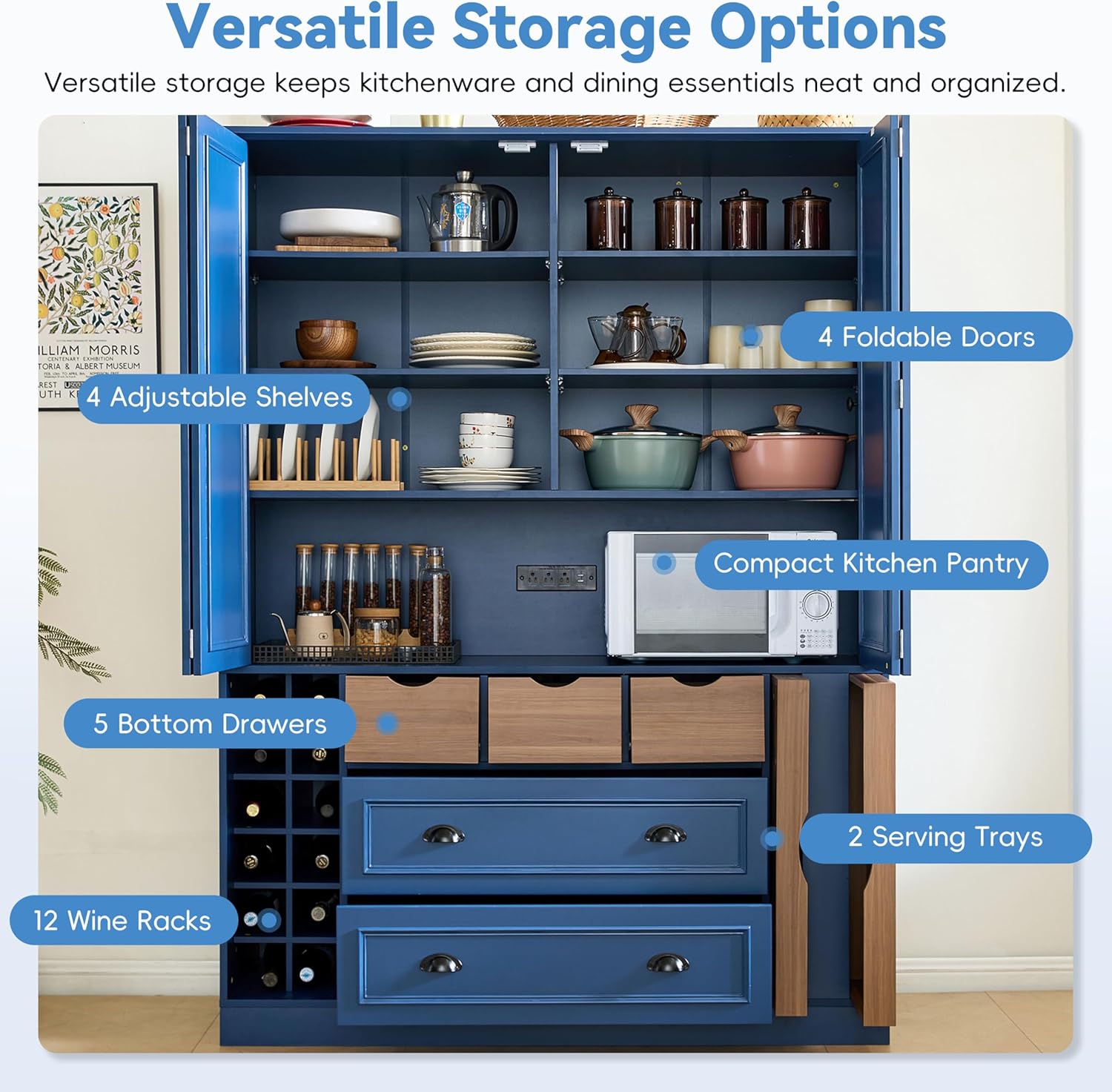 71" Tall Kitchen Pantry Storage Cabinet with 4 Foldable Doors, Freestanding Large Cupboard with Power Outlet, Adjustable Shelves and Wine Racks for Dining Room, Kitchen, Blue