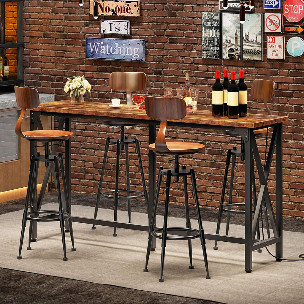 CHOEZON 55'' Bar Table, Kitchen Dining Table with Power Outlet and Footrest, Industrial Style, for Pub, Living Room, Rustic Brown and Black TBT09UBF